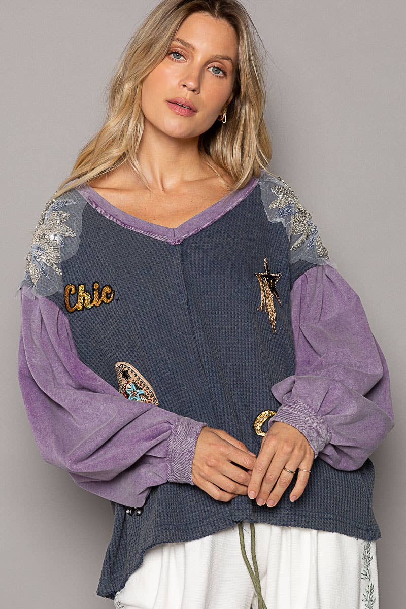 V-Neck Glam Patches Contrast Long Sleeves Knit Top