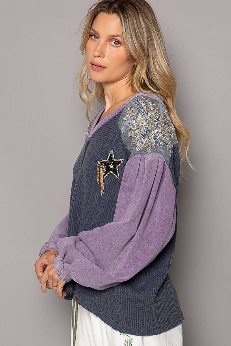 V-Neck Glam Patches Contrast Long Sleeves Knit Top