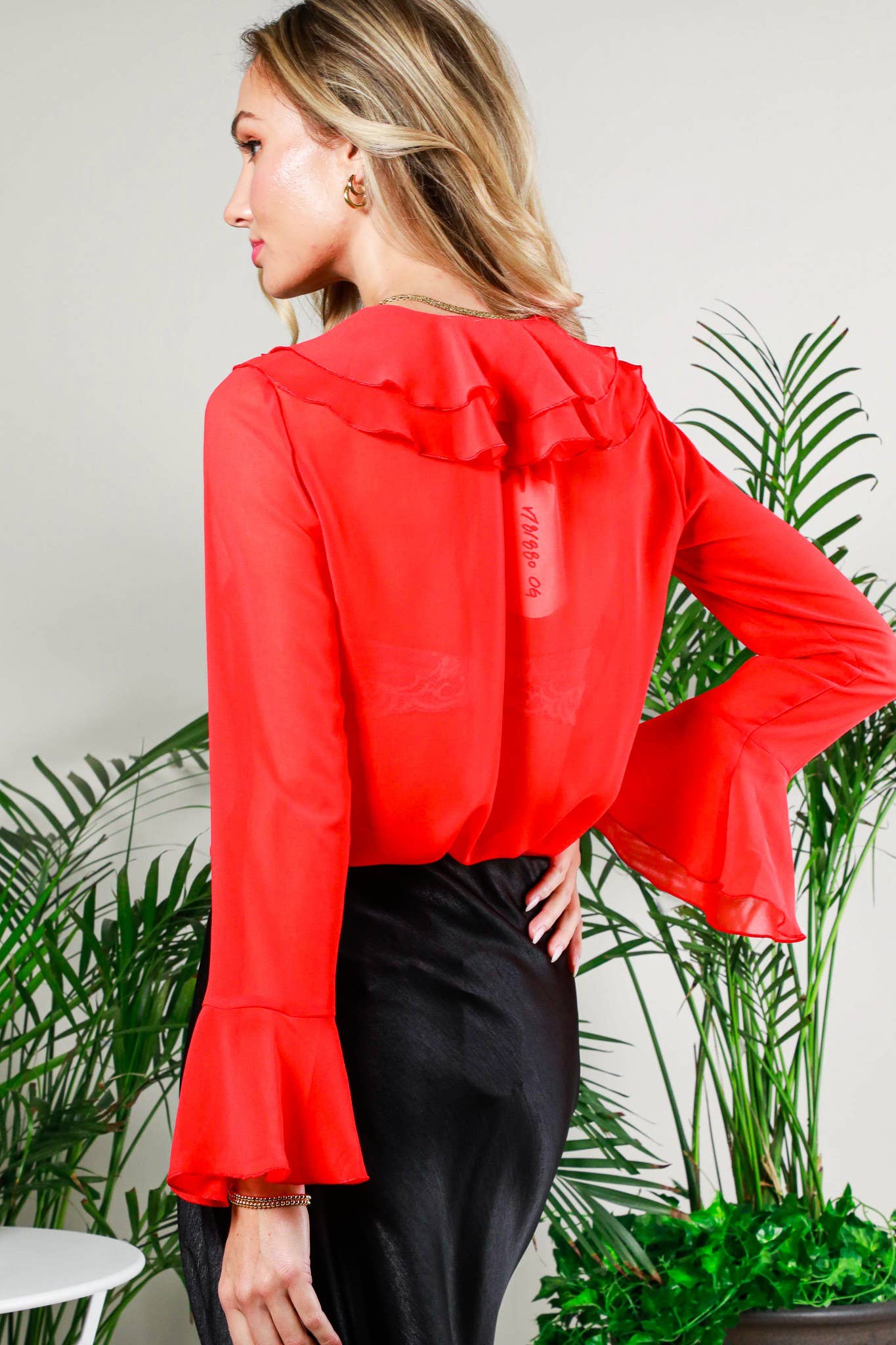 V Neck Bell Sleeve Ruffle Detail Chiffon Blouse Top VT81880