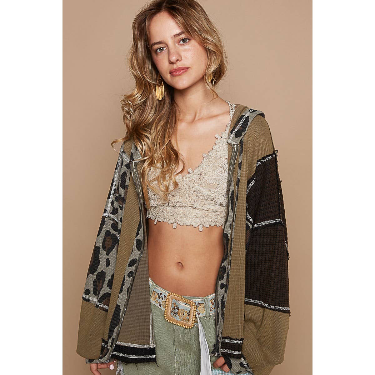 Semi cropped leapard print hoodie zip up