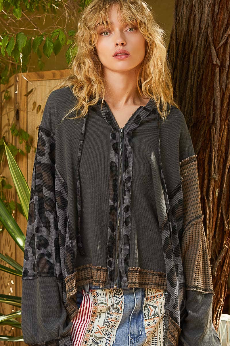 Semi cropped leapard print hoodie zip up