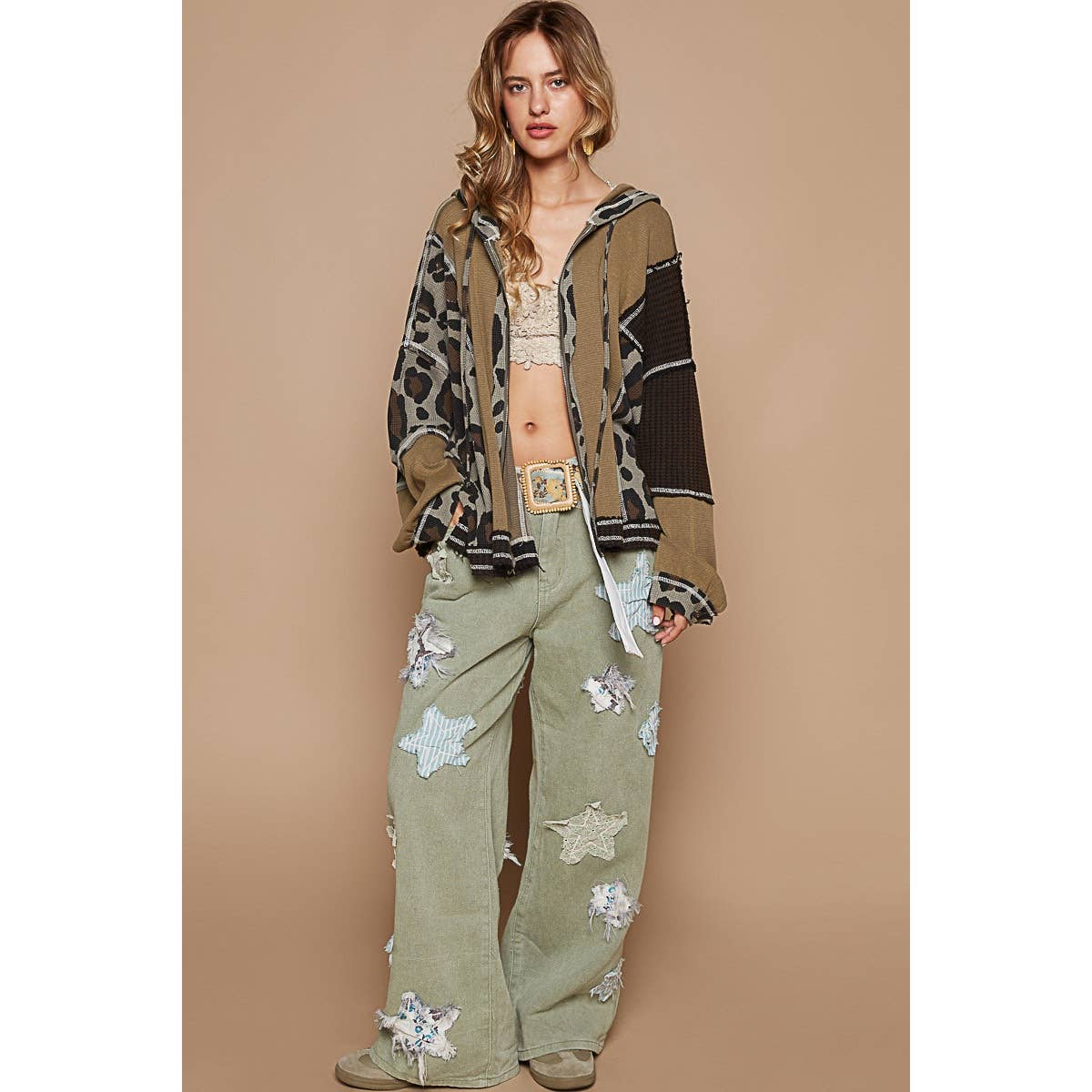 Semi cropped leapard print hoodie zip up