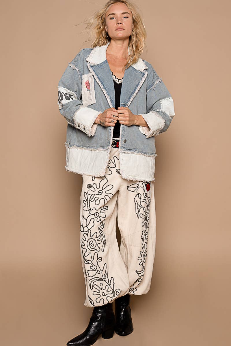 Colorblocked twill patch studded back heart jacket