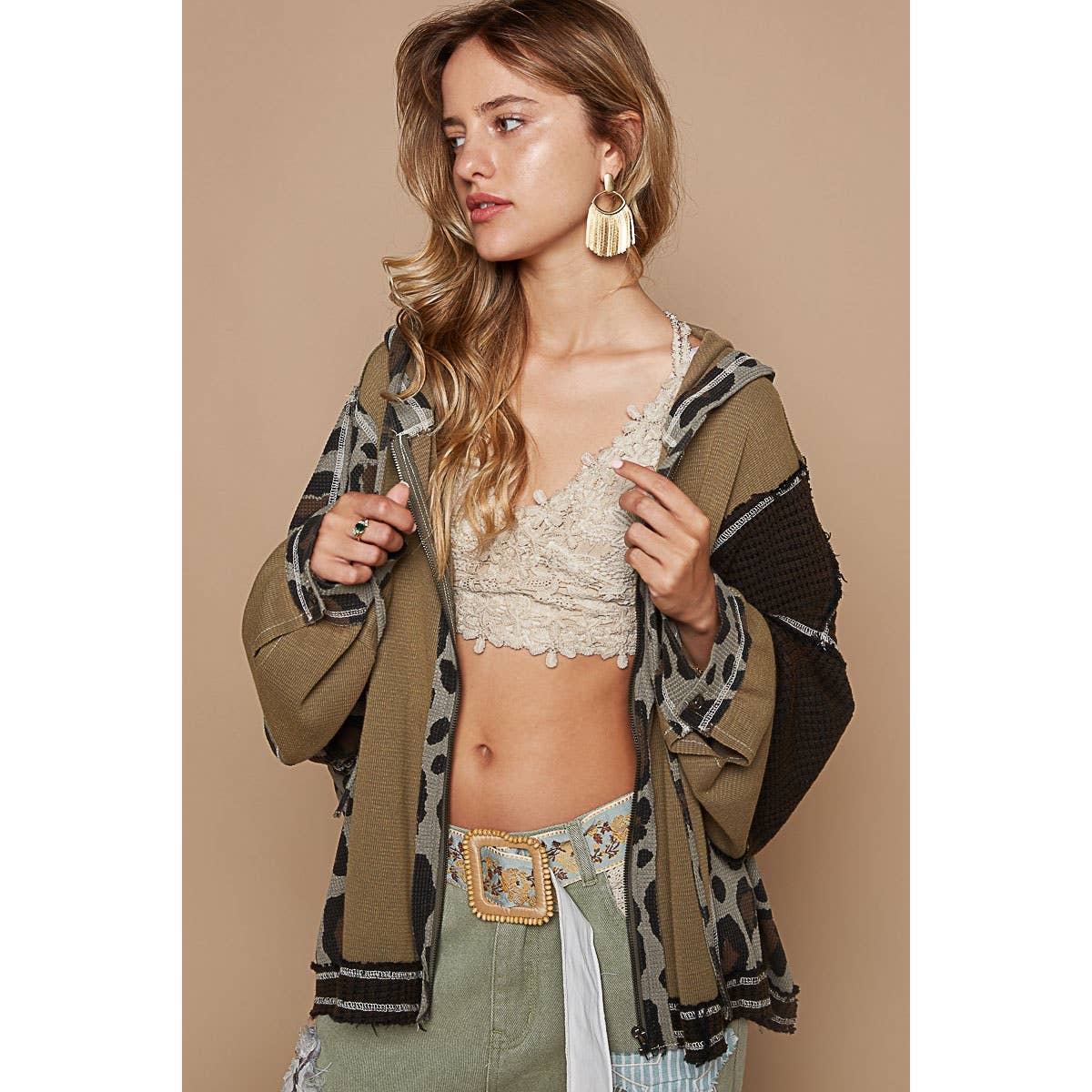 Semi cropped leapard print hoodie zip up