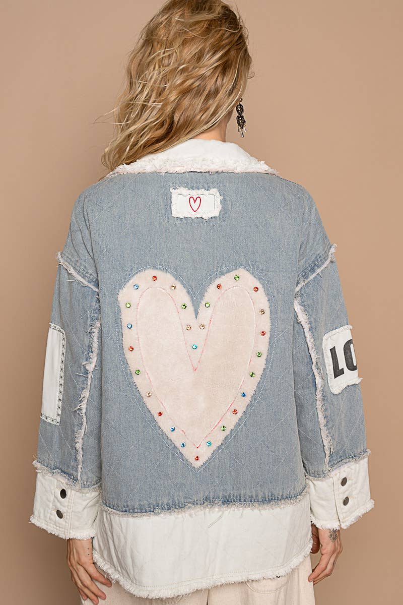 Colorblocked twill patch studded back heart jacket