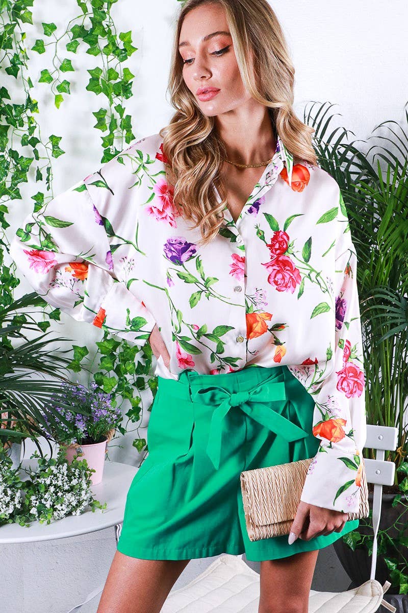 Collared Button-Down Floral Printed Women's Blouse