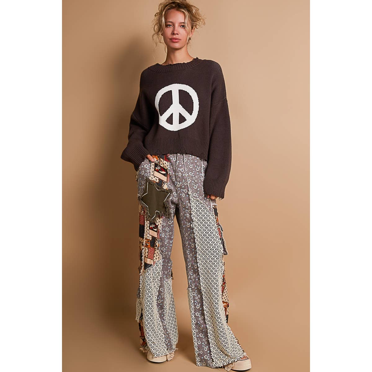 Round neck long sleeve peace sign solid sweater SALE