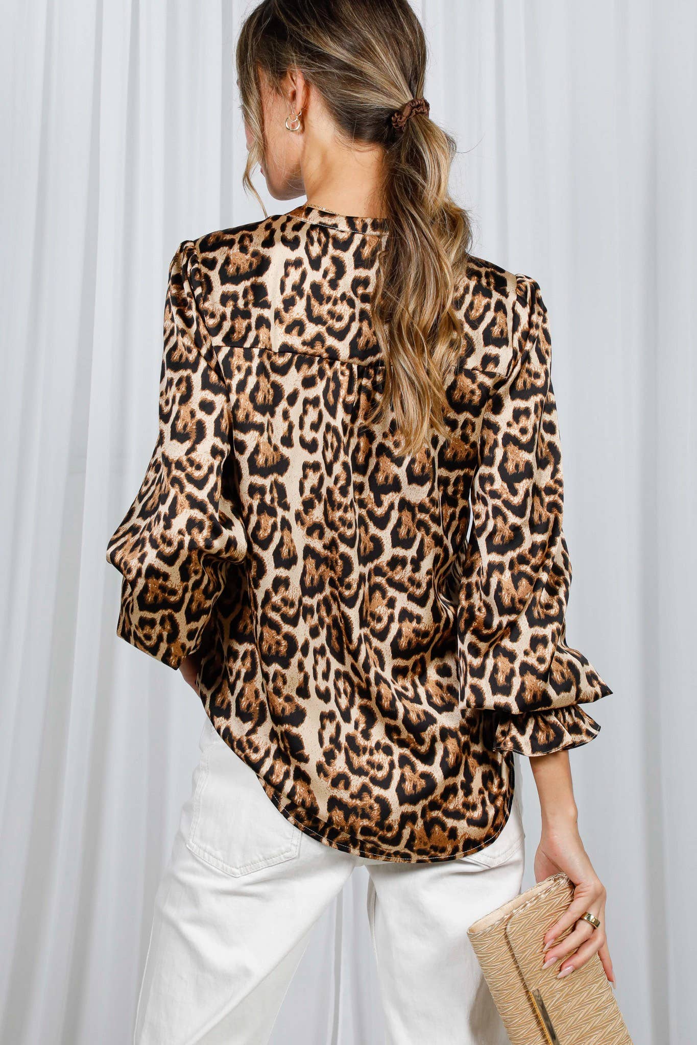 Henley Neckline Smocking Detail Leopard Print Blouse
