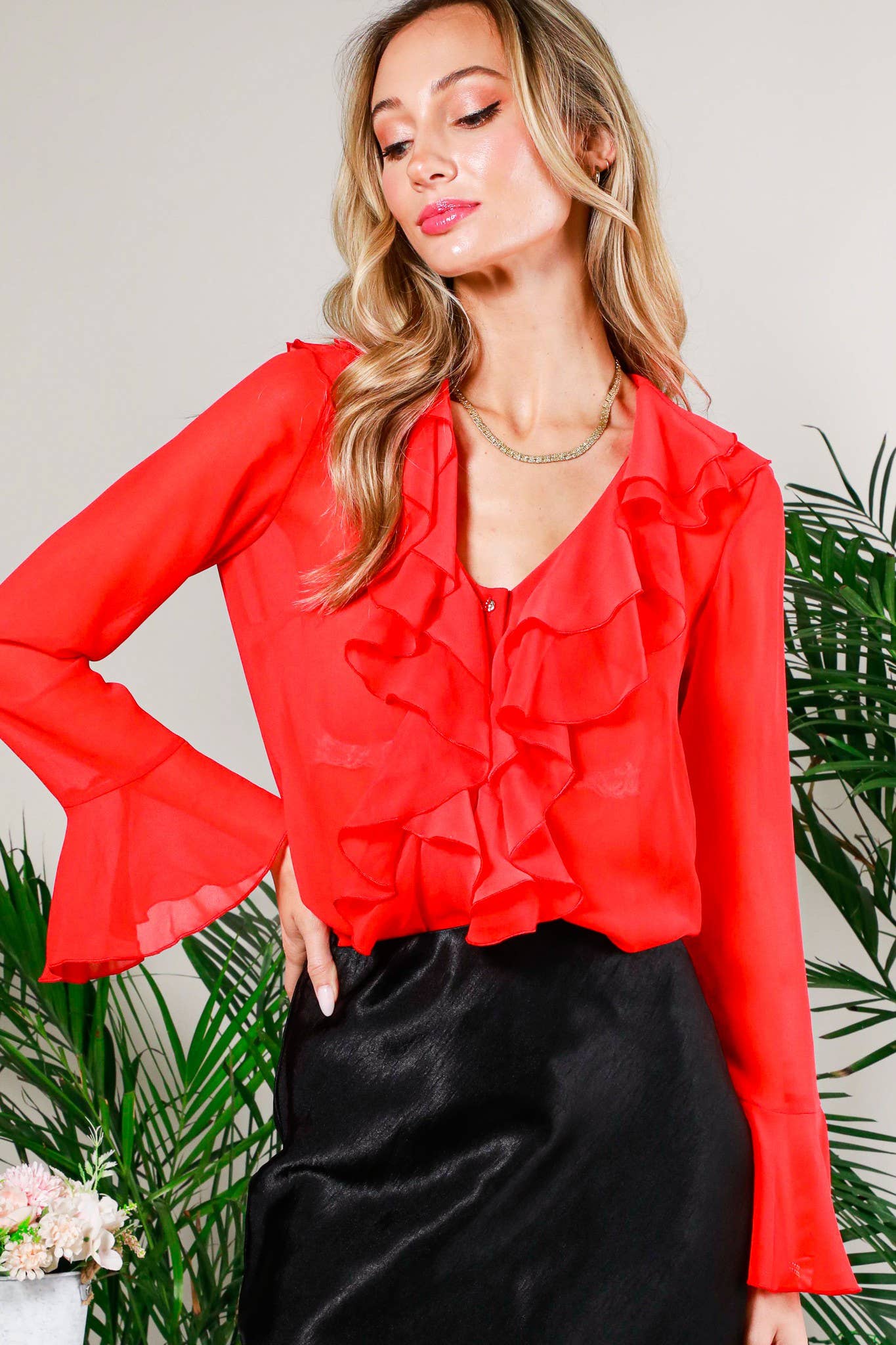 V Neck Bell Sleeve Ruffle Detail Chiffon Blouse Top VT81880
