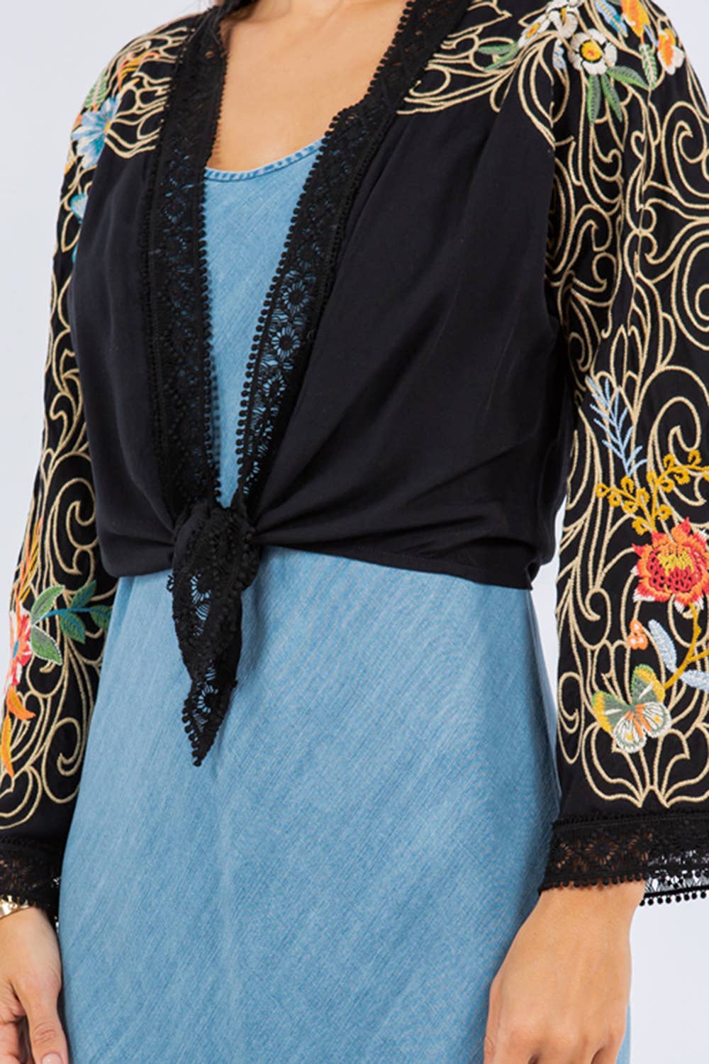 Viscose Embroidered Tie Front Kimono