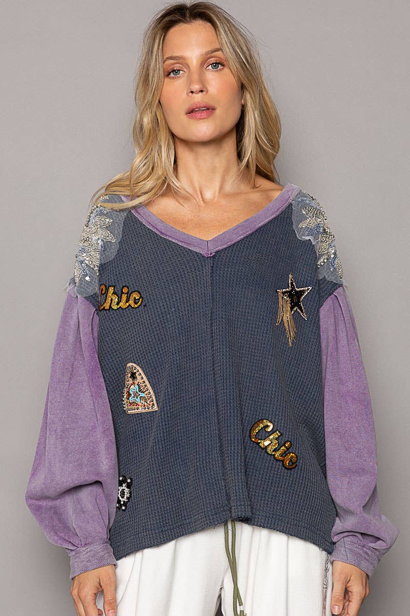 V-Neck Glam Patches Contrast Long Sleeves Knit Top
