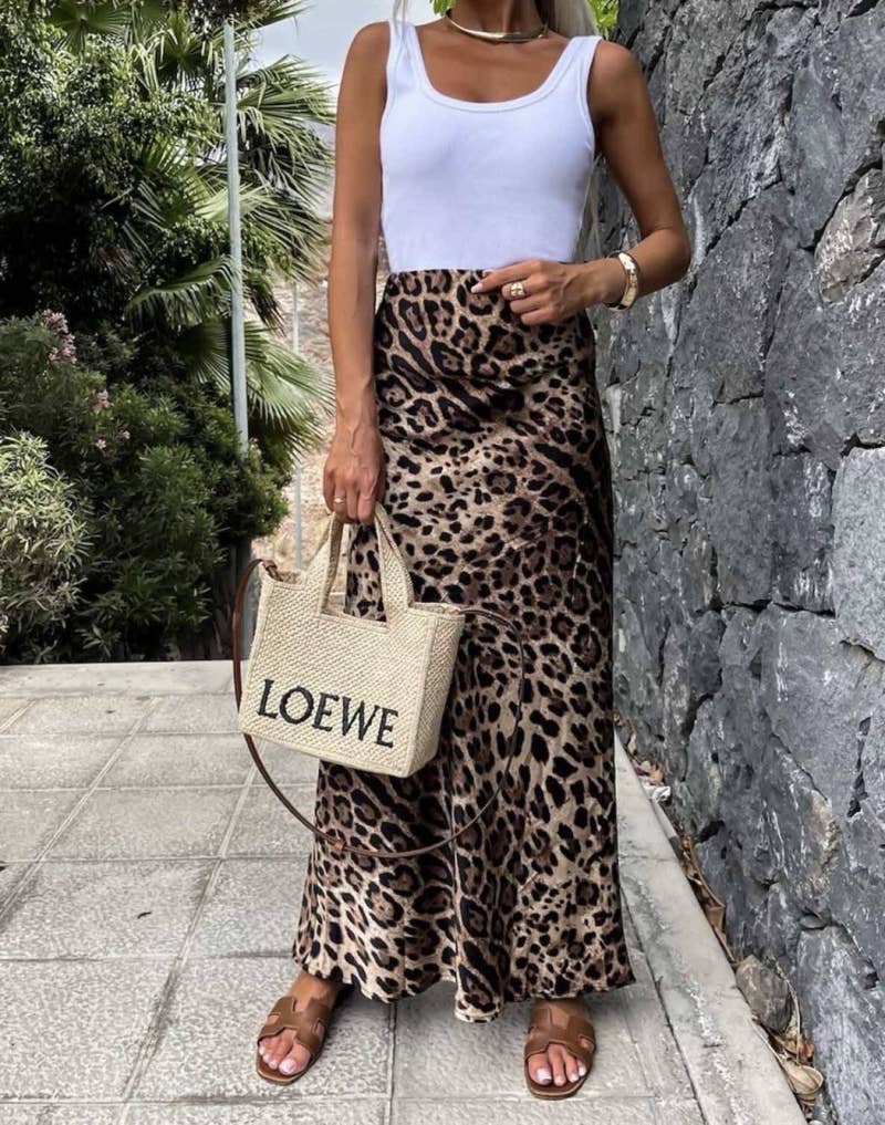Leopard satin long skirt