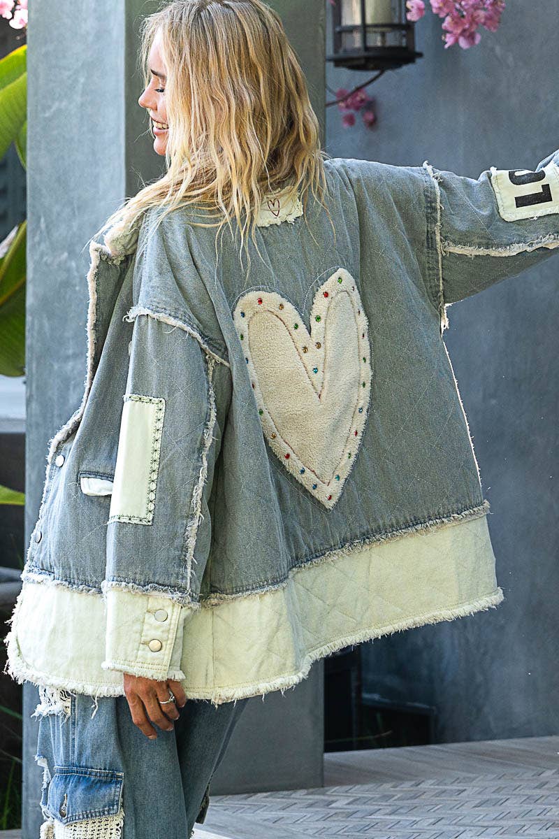 Colorblocked twill patch studded back heart jacket