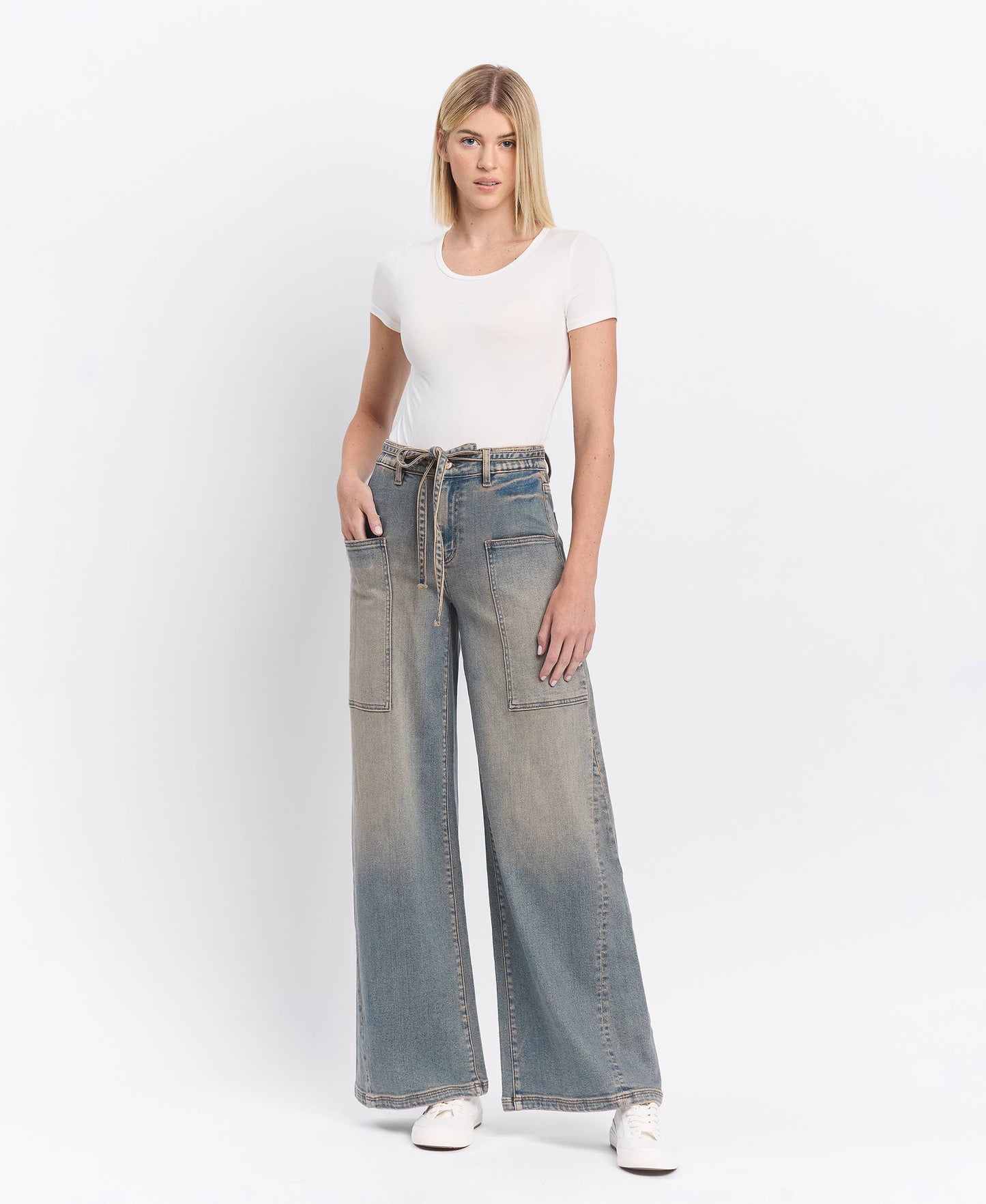 HIGH RISE ELASTIC TIE WAISTBAND BAGGY WIDE JEANS F5954