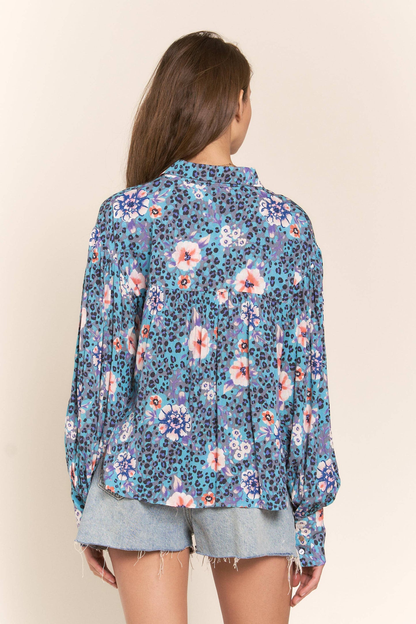 Leopard Flower Print Button Up Top