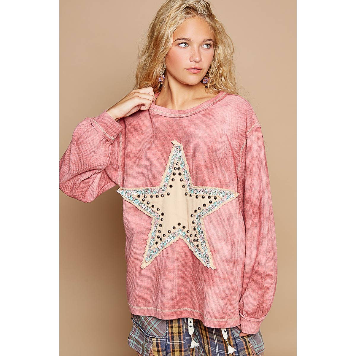 Vintage washed star patch with studded knit top SALE