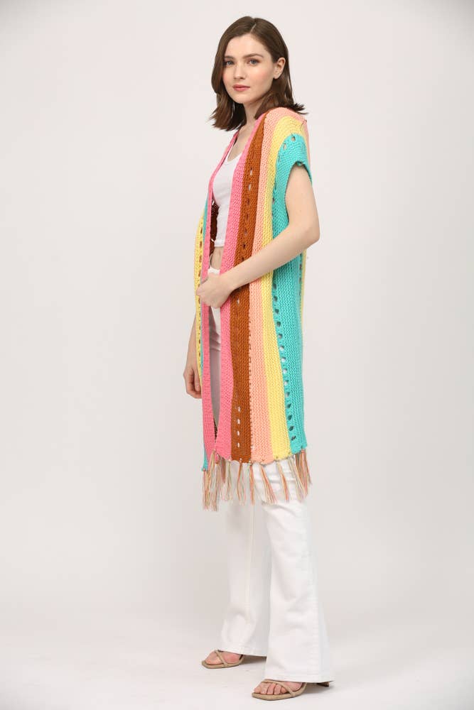 FRINGED HEM STRIPE OPEN CARDIGAN CW90111