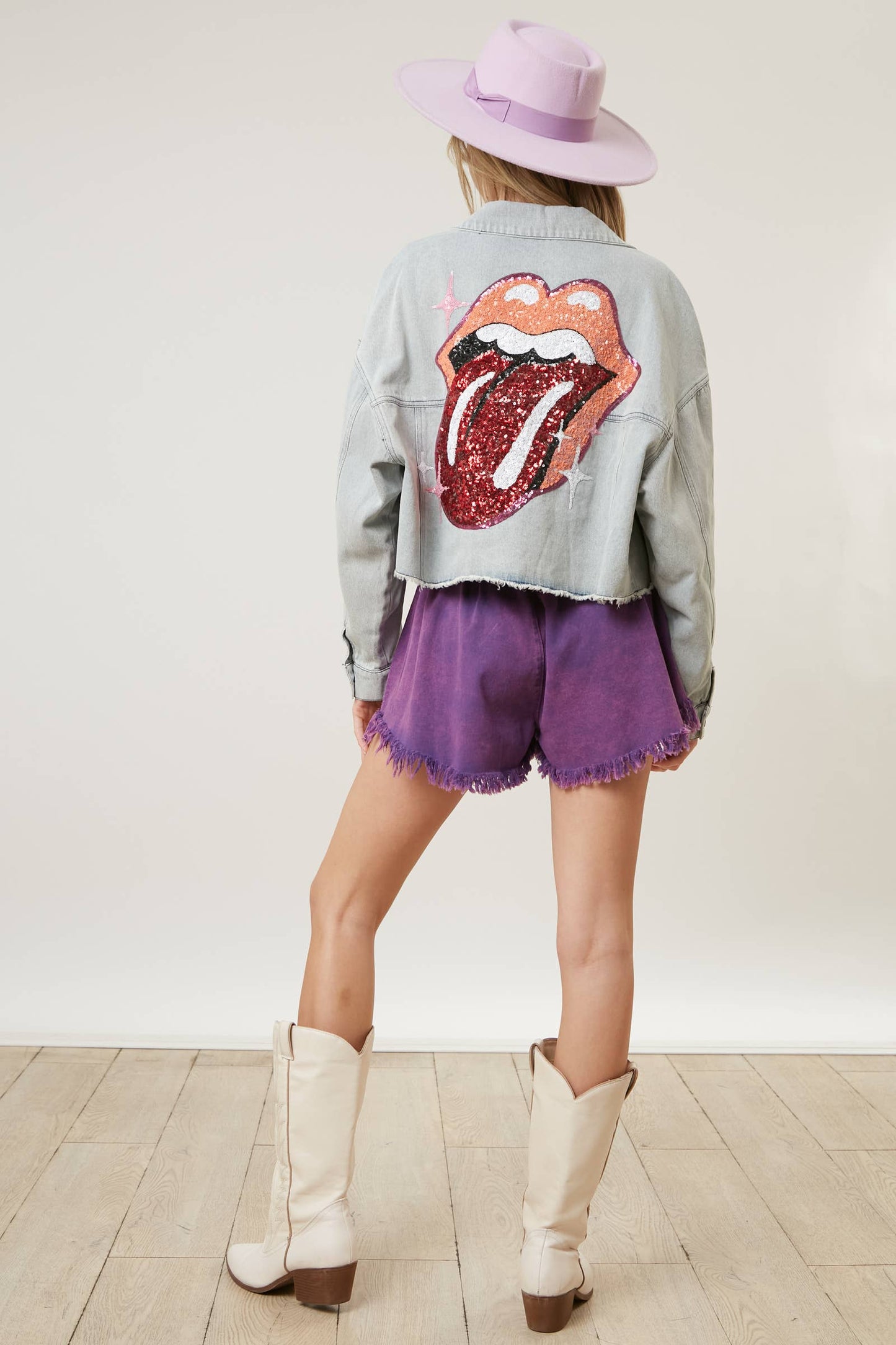 Licensed Rolling Stones Sequin Back Denim Crop Jacket