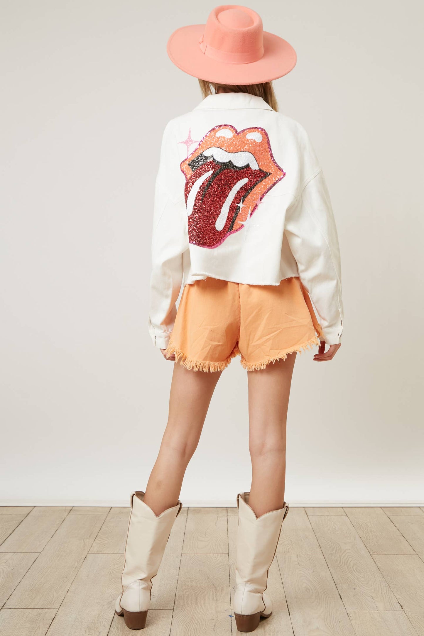 Licensed Rolling Stones Sequin Back Denim Crop Jacket