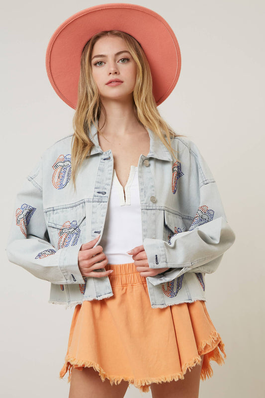 Licensed Rolling Stones Rhinestoned Denim Crop Jacket