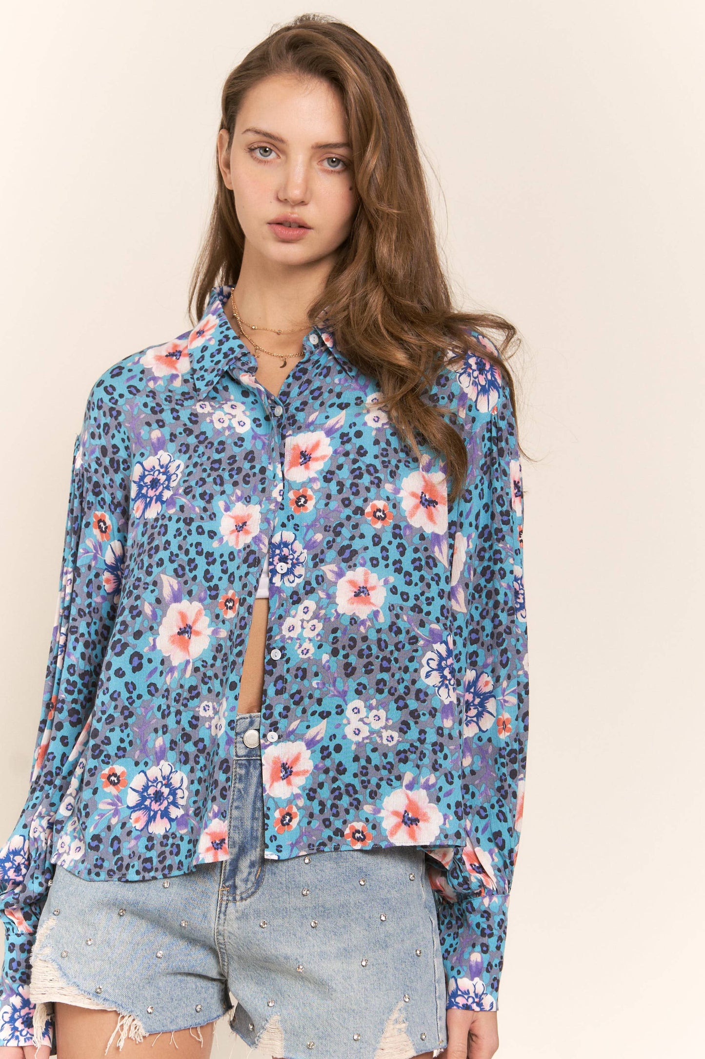 Leopard Flower Print Button Up Top