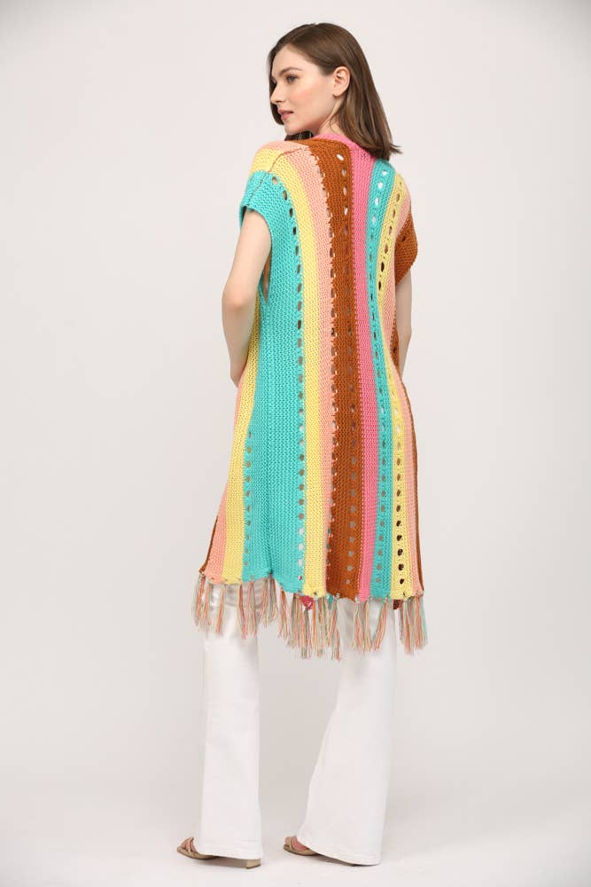 FRINGED HEM STRIPE OPEN CARDIGAN CW90111