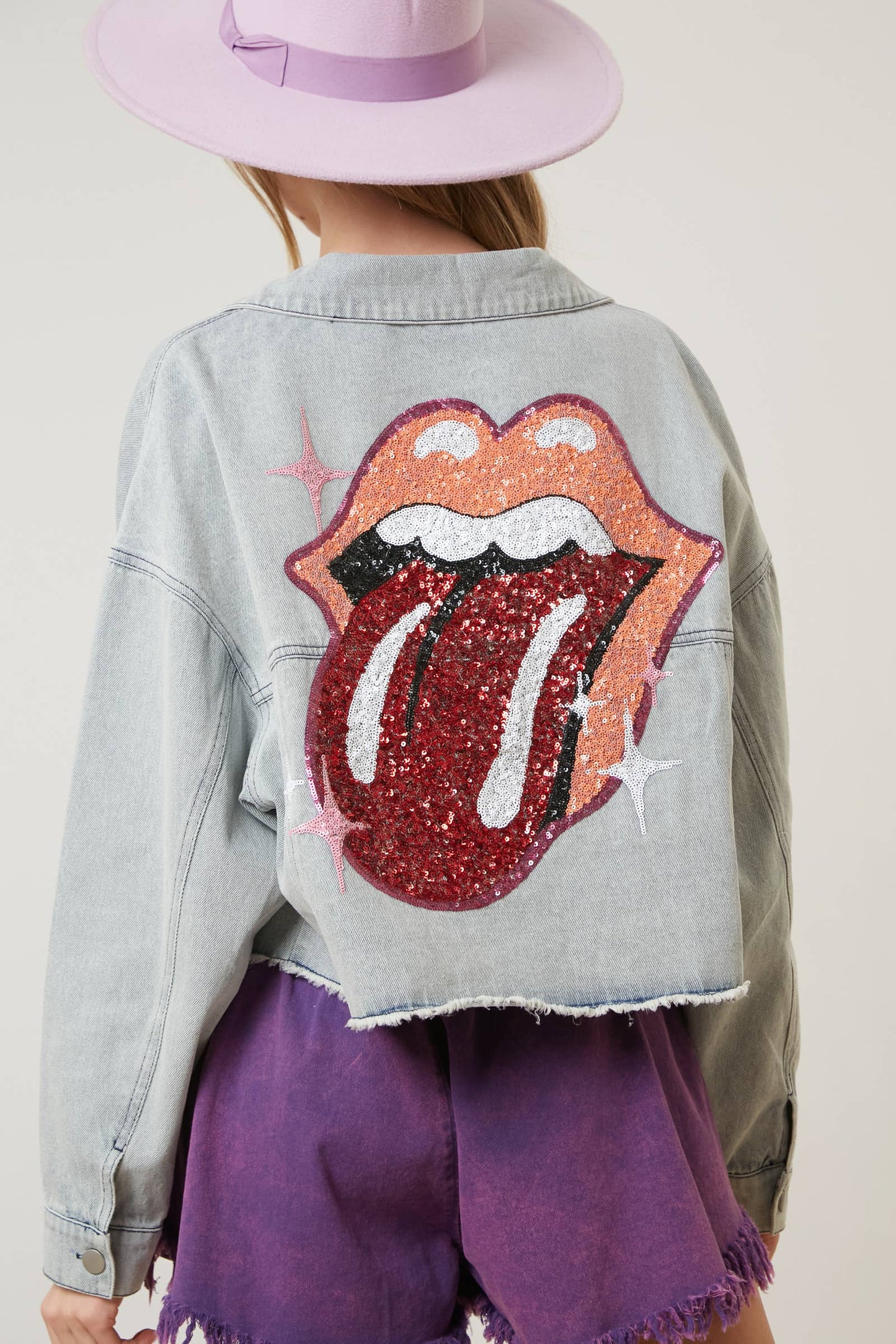 Licensed Rolling Stones Sequin Back Denim Crop Jacket