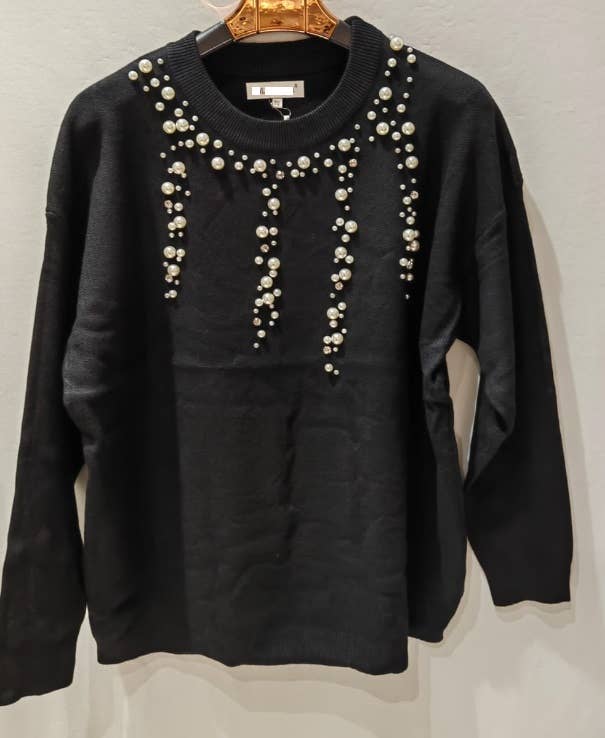 MC656 Black Pearl-Embellished Cozy Sweater LOOWIE