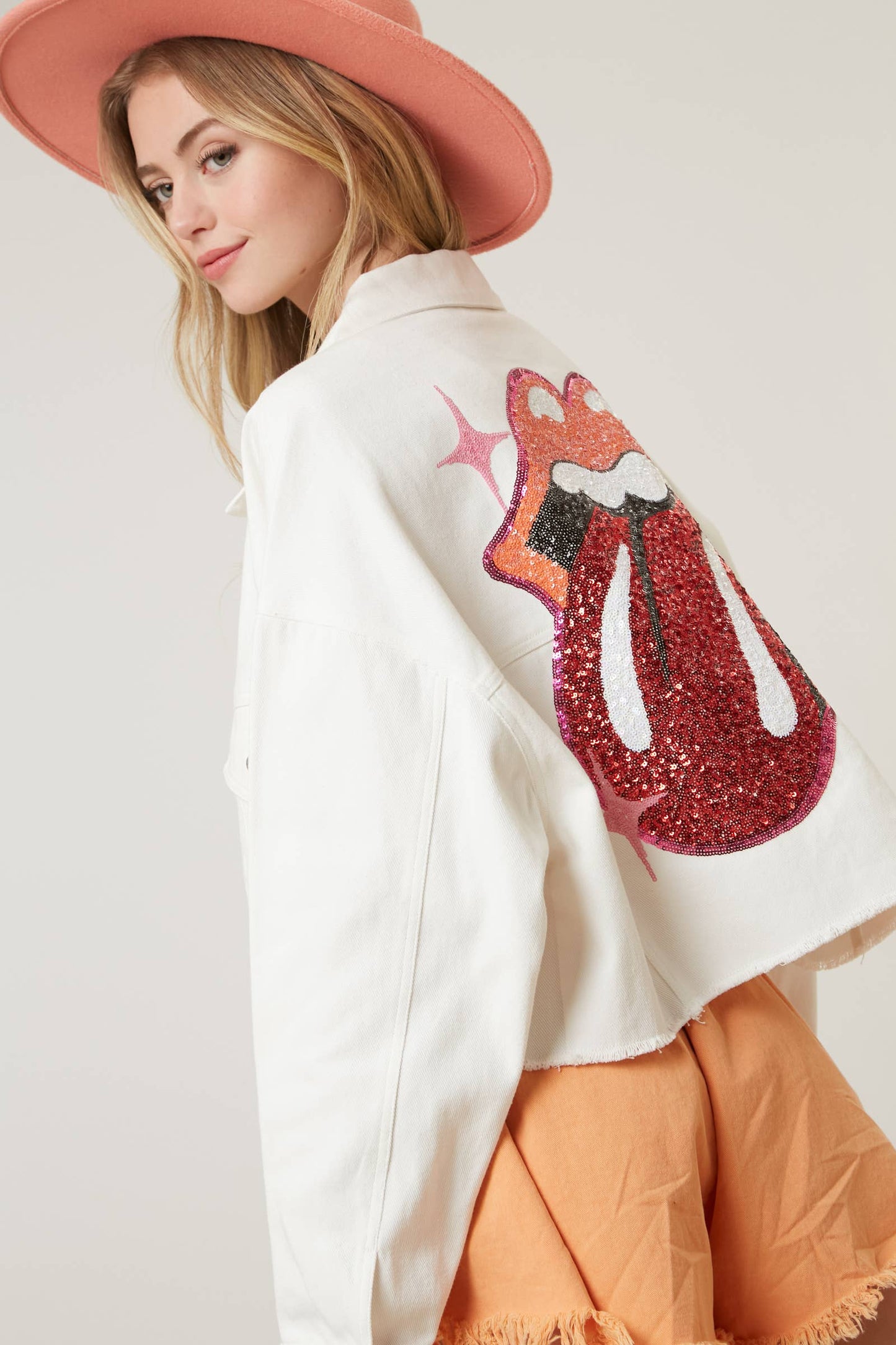 Licensed Rolling Stones Sequin Back Denim Crop Jacket