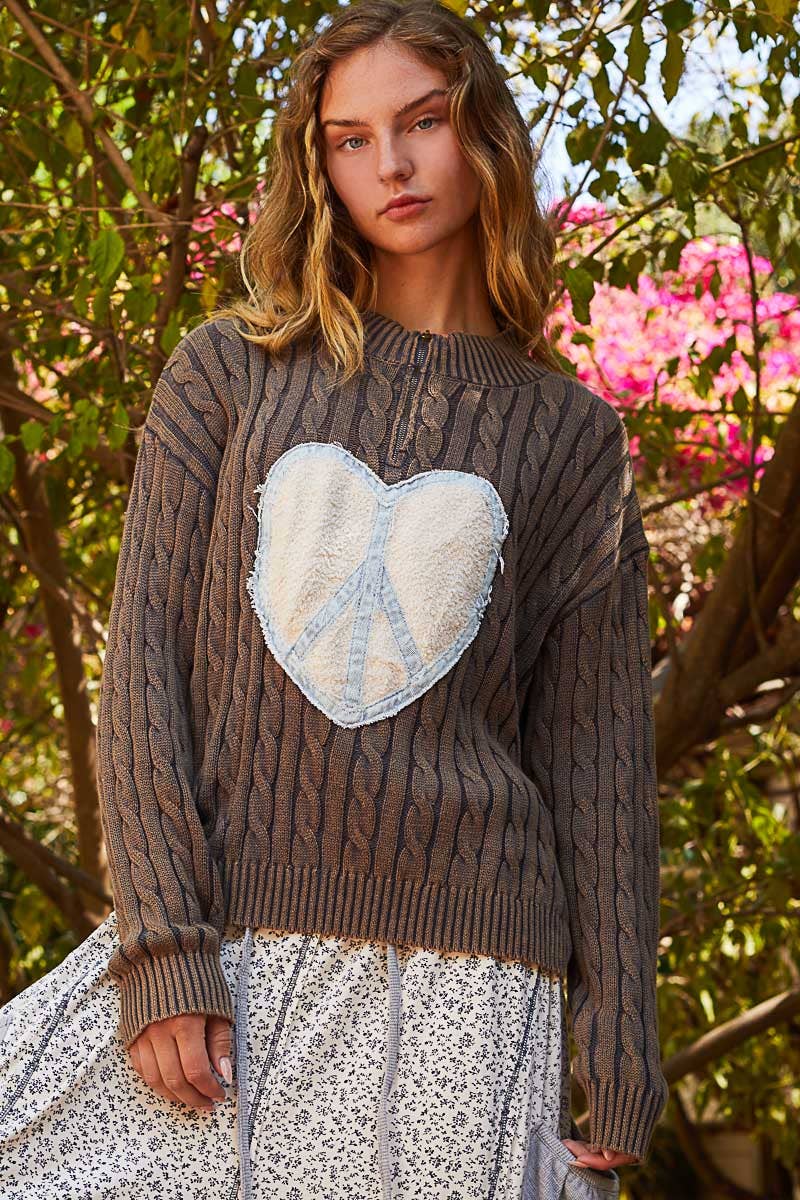 Long sleeve high neck heart peace sweater