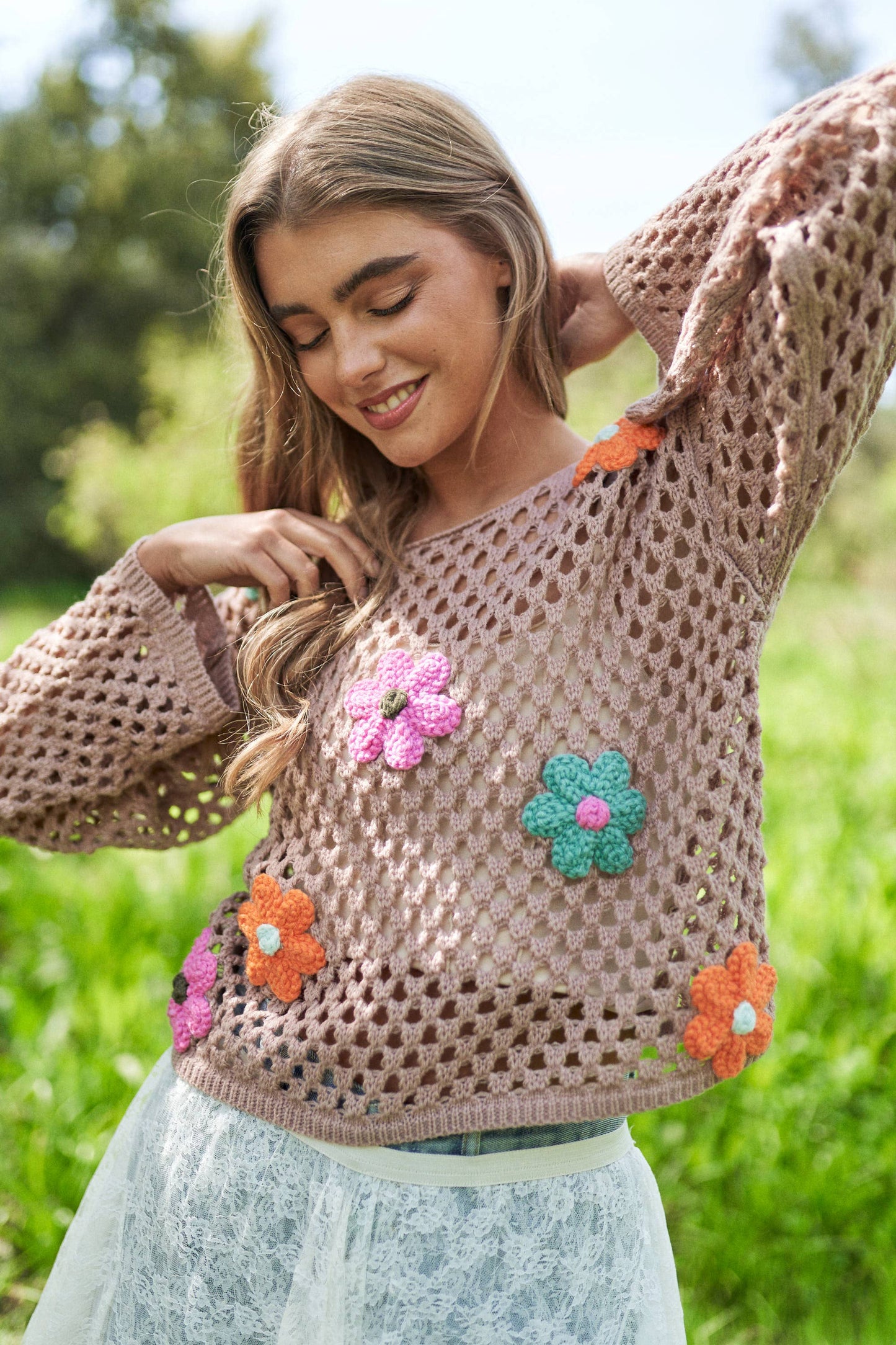 Flower Embroidered Knit Long Sleeve Sweater Top