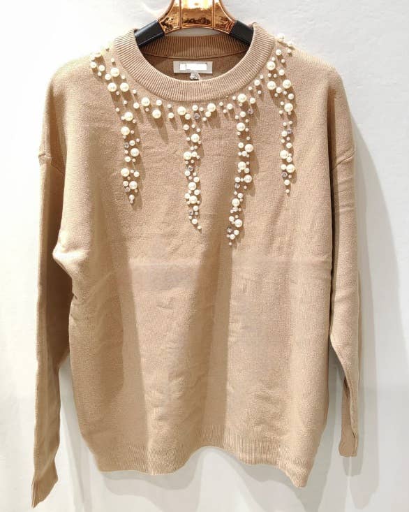 MC657 Camel Sweater with Cascading Pearl Details LOOWIE