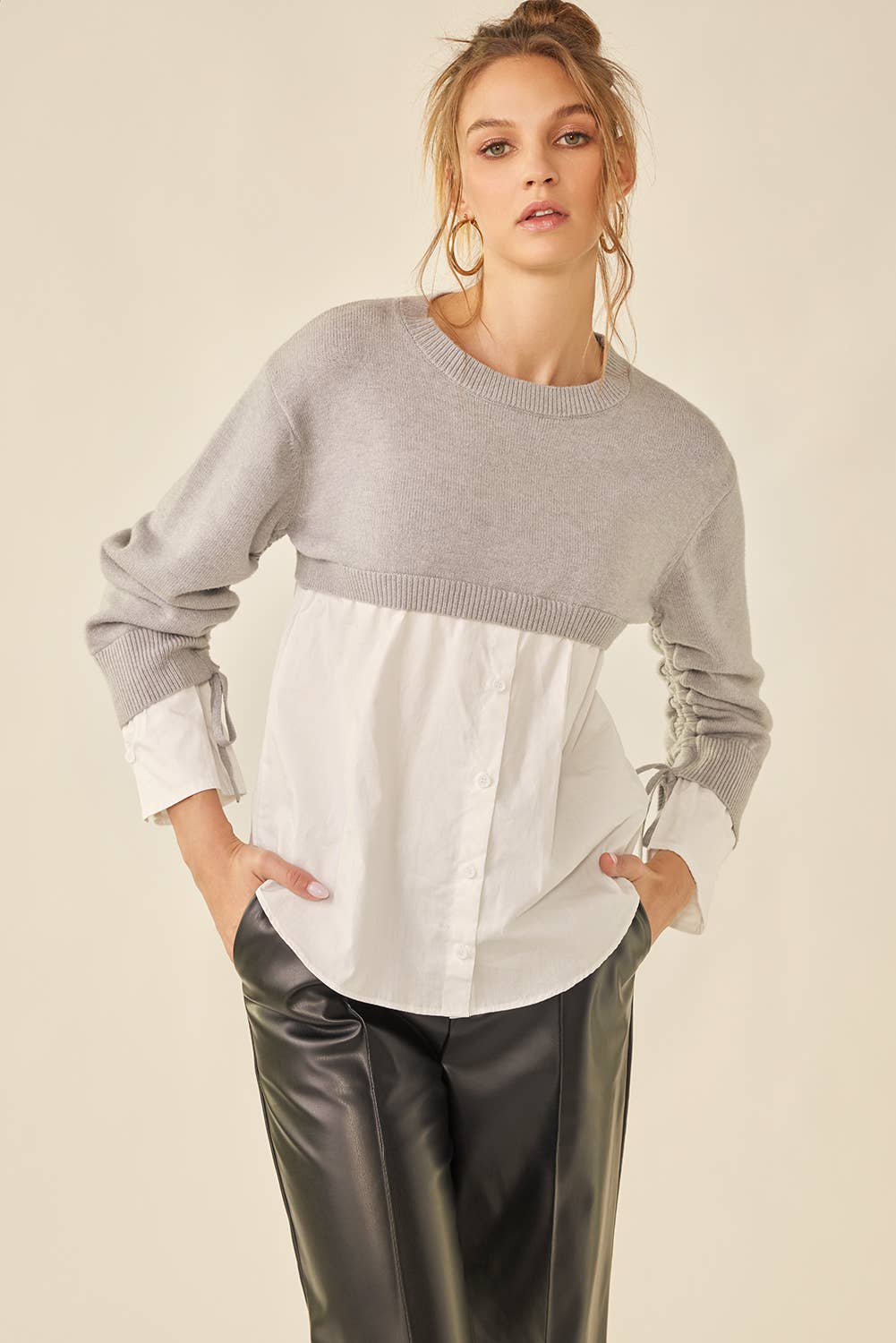 FABRIC MIXED POLIN SHIRT WITH SWEATER KNIT TOP