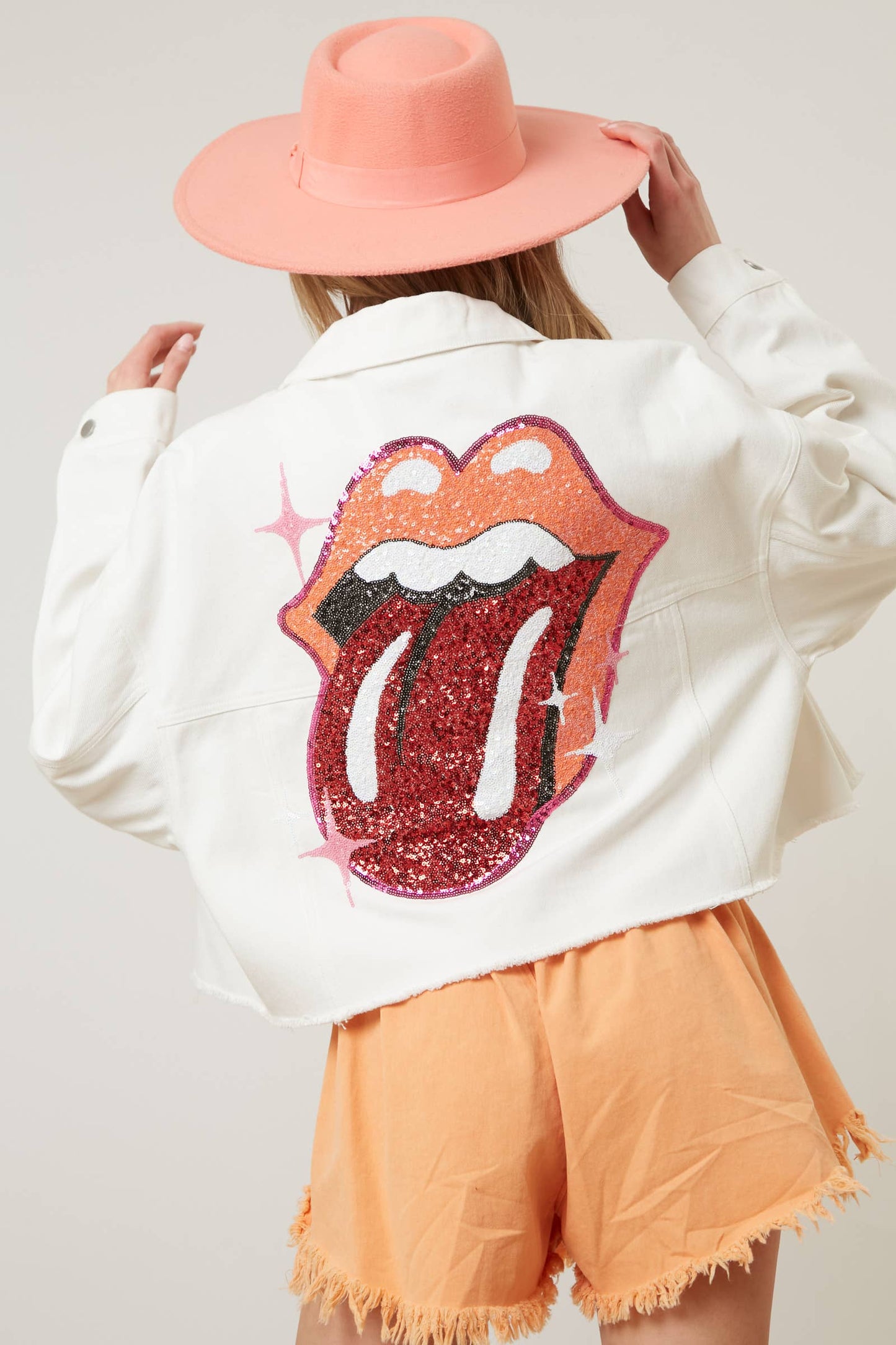 Licensed Rolling Stones Sequin Back Denim Crop Jacket