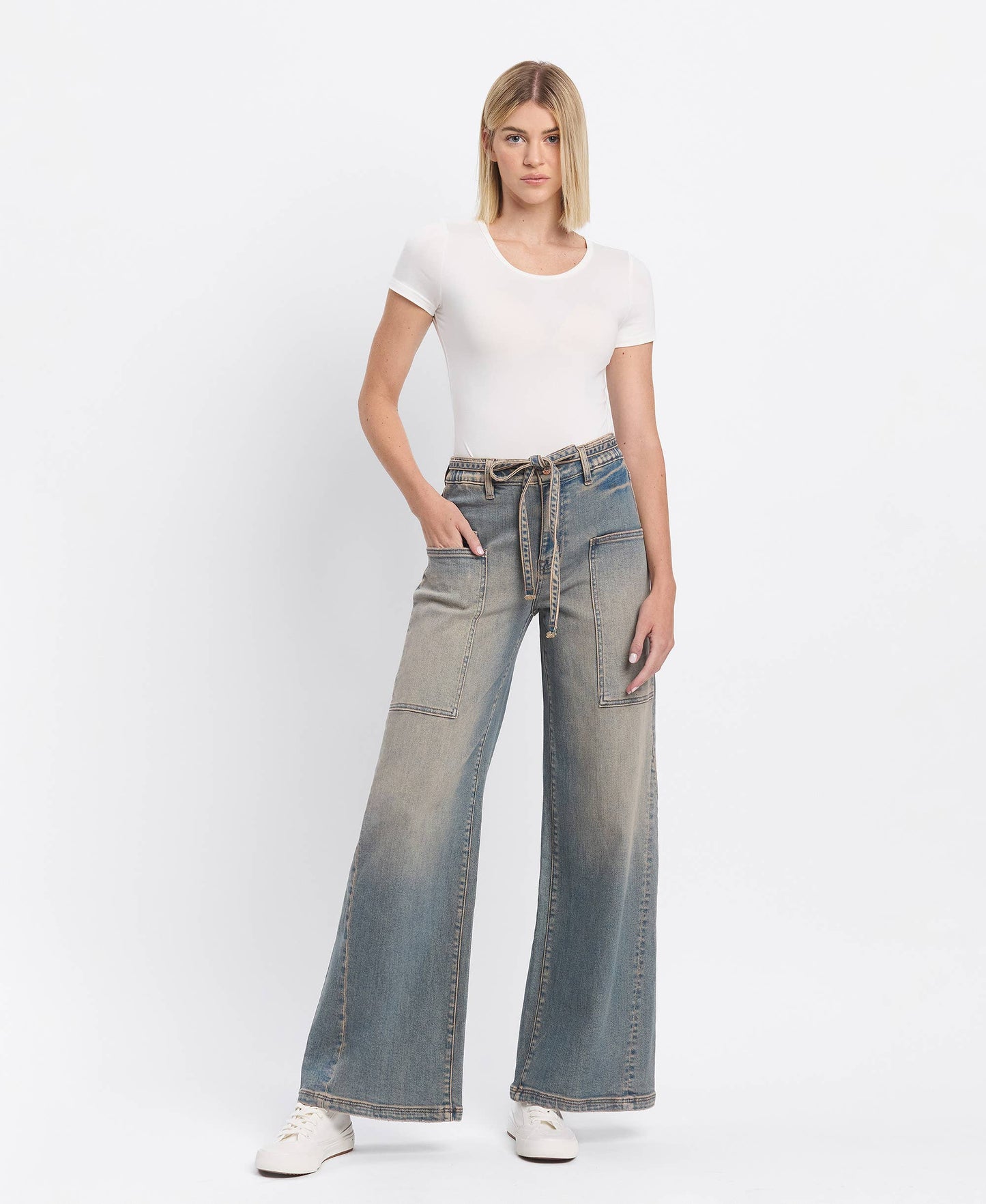 HIGH RISE ELASTIC TIE WAISTBAND BAGGY WIDE JEANS F5954