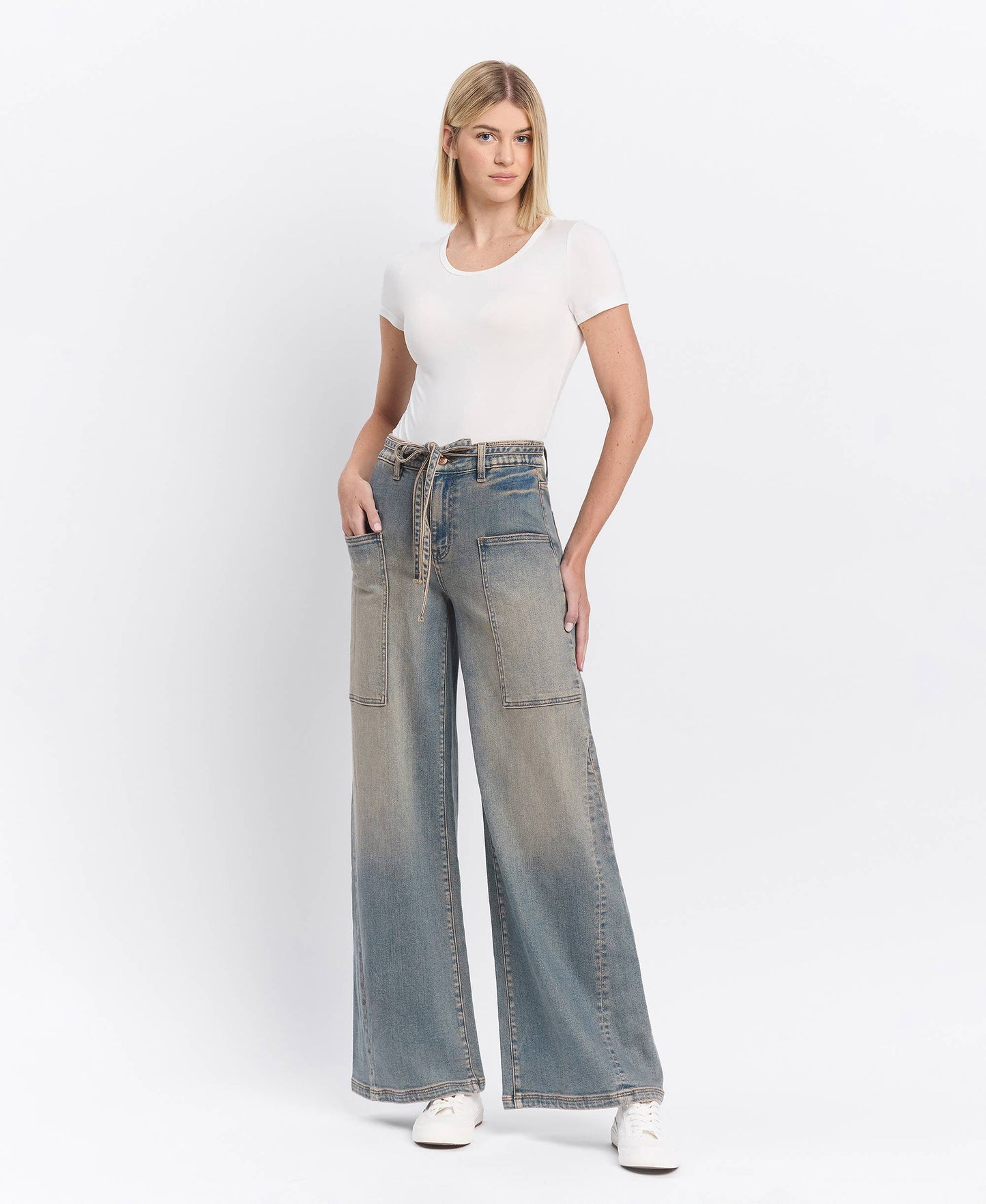 HIGH RISE ELASTIC TIE WAISTBAND BAGGY WIDE JEANS F5954