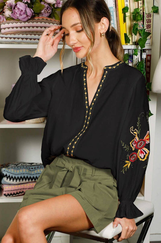 Bohemian Floral Embroidered Round Split Neck Blouse