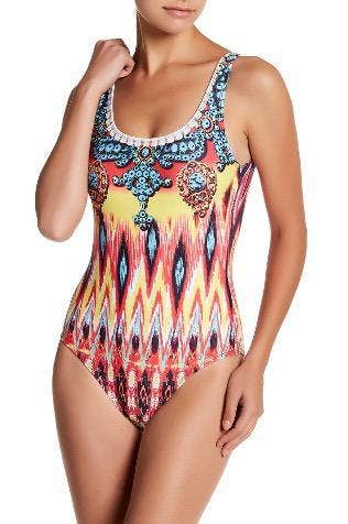 Women's One Piece Swimsuit Scoop Neck with Straps Ikat-Print Swimwear Bathing Suits