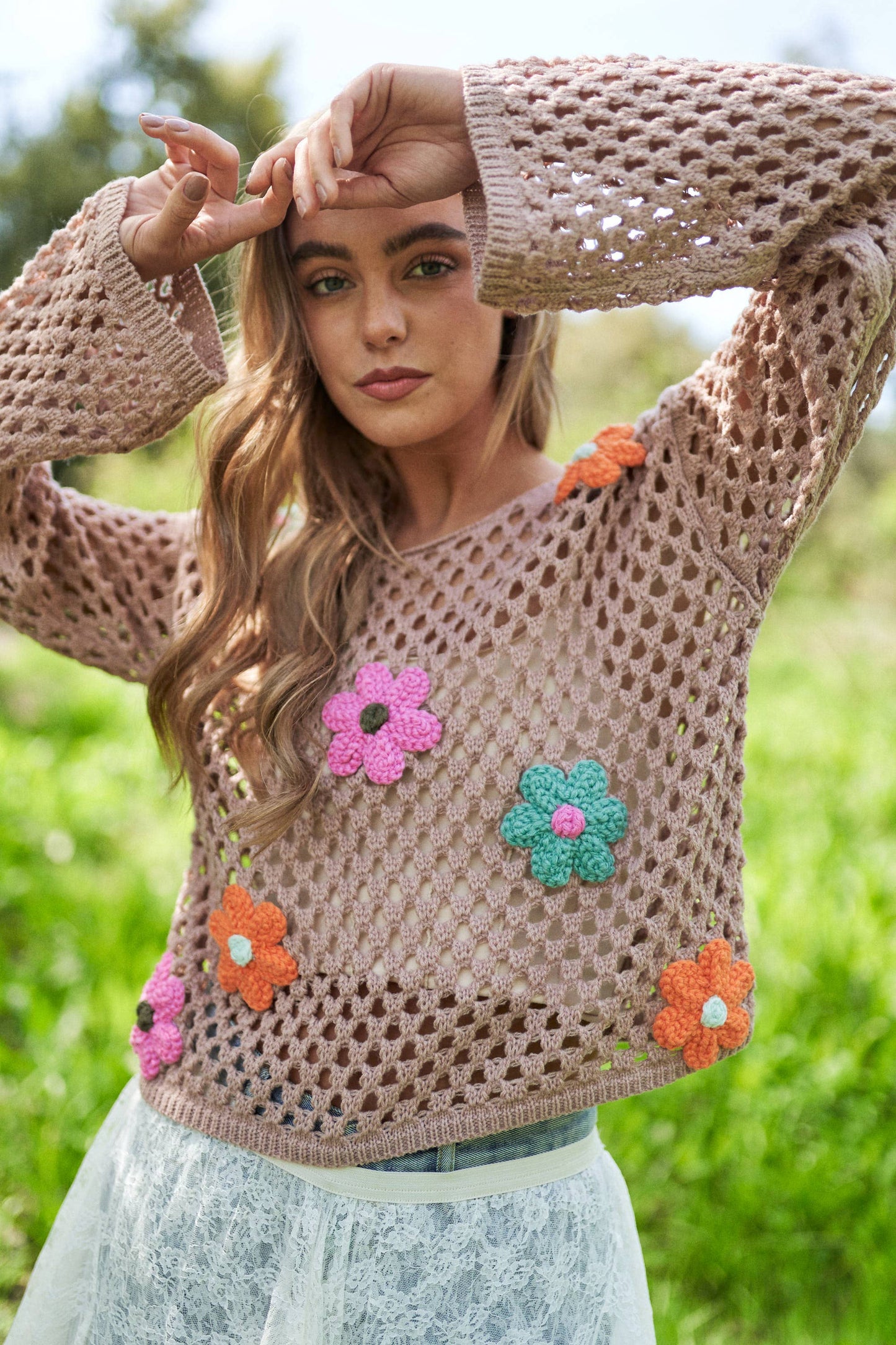 Flower Embroidered Knit Long Sleeve Sweater Top