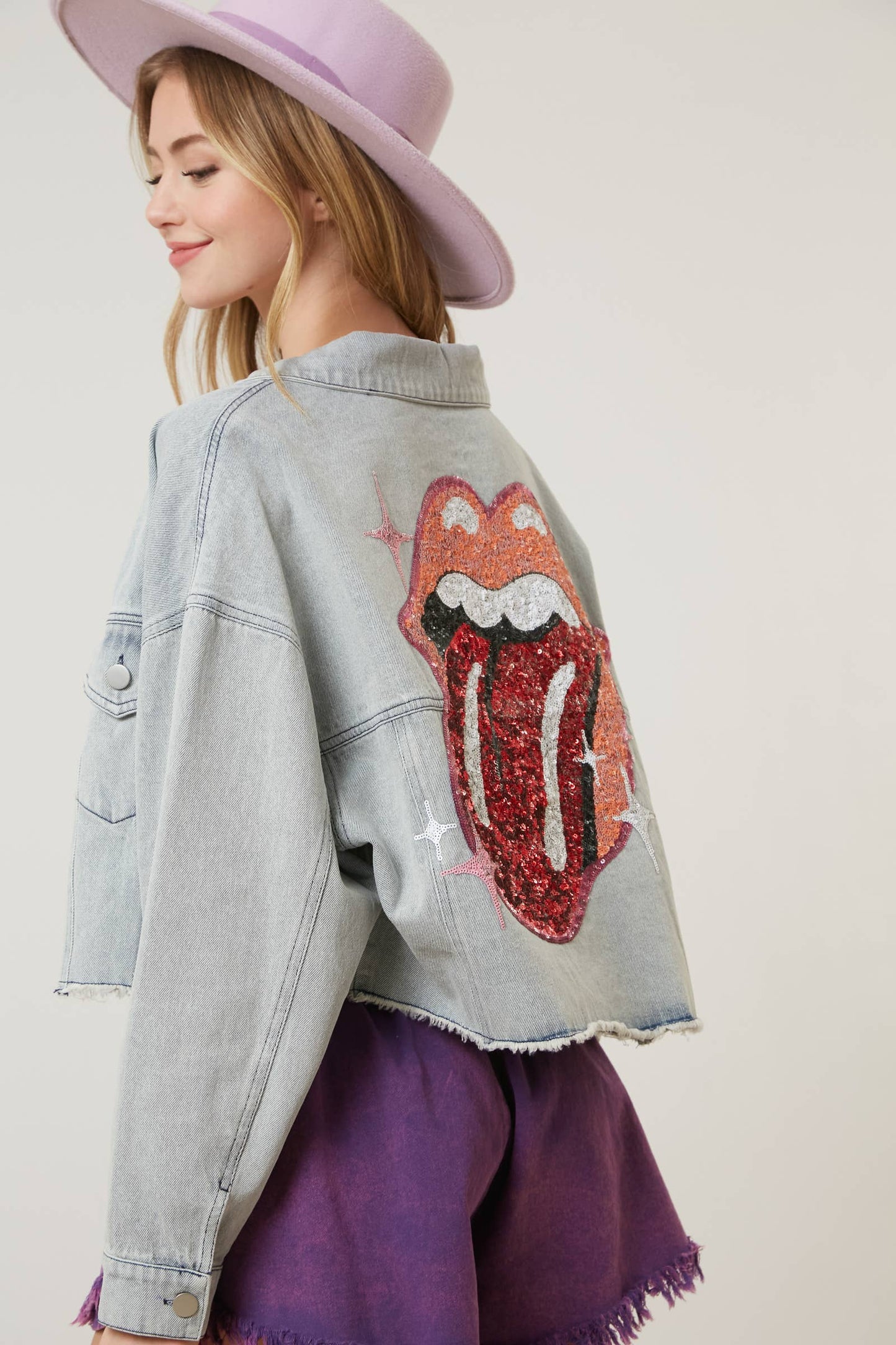 Licensed Rolling Stones Sequin Back Denim Crop Jacket