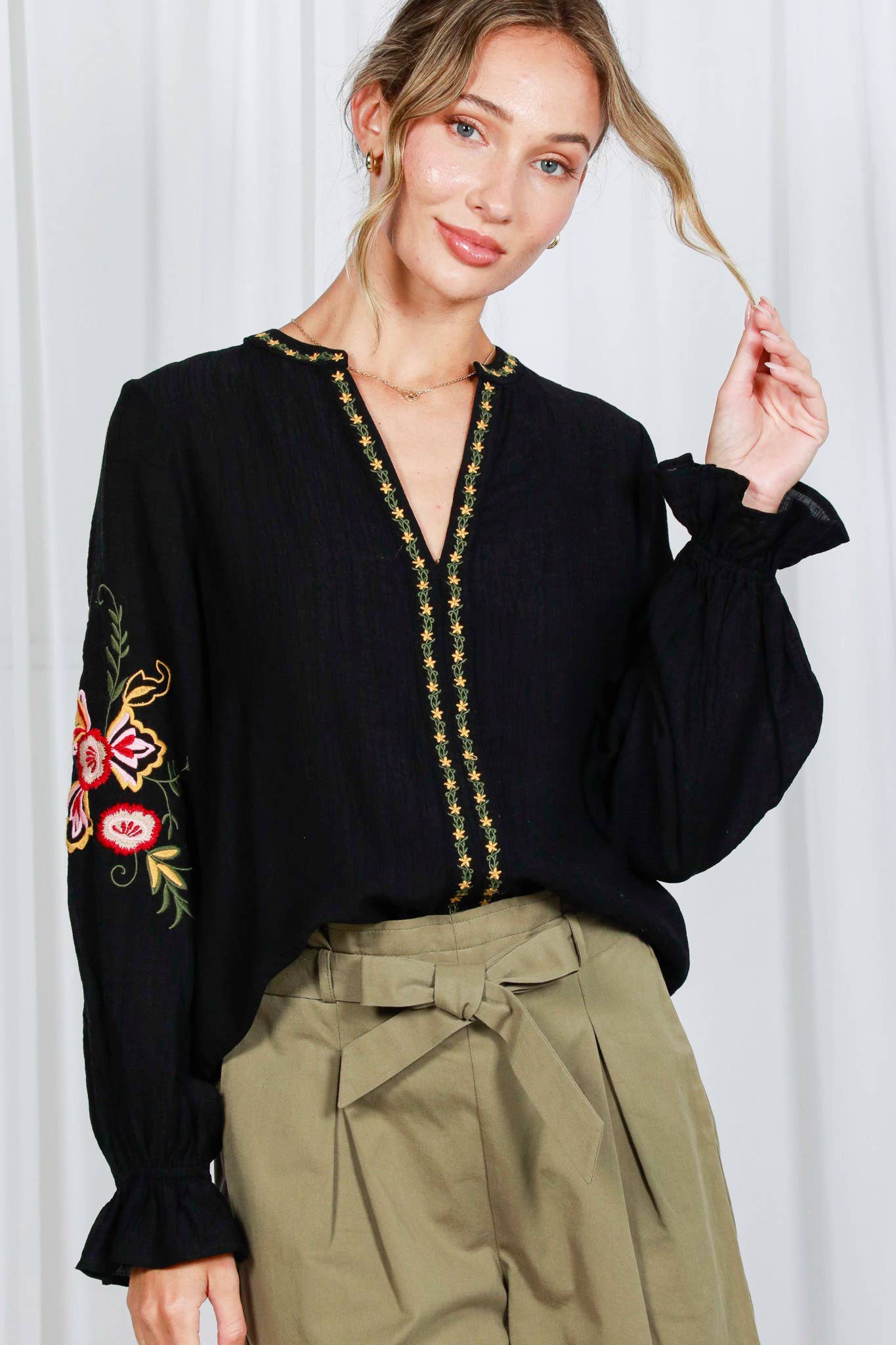 Bohemian Floral Embroidered Round Split Neck Blouse