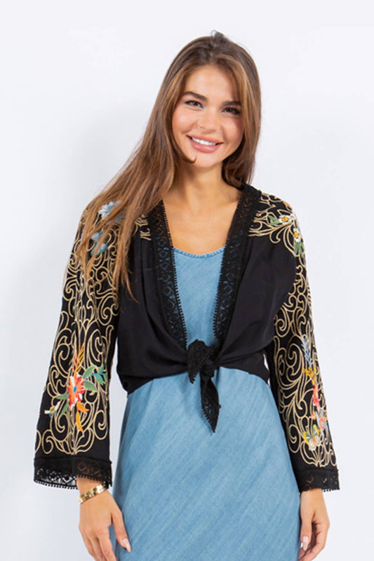 Viscose Embroidered Tie Front Kimono