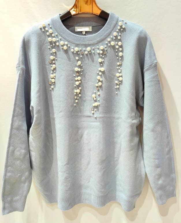 MC655 Light Blue Sweater with Pearl Embellishments