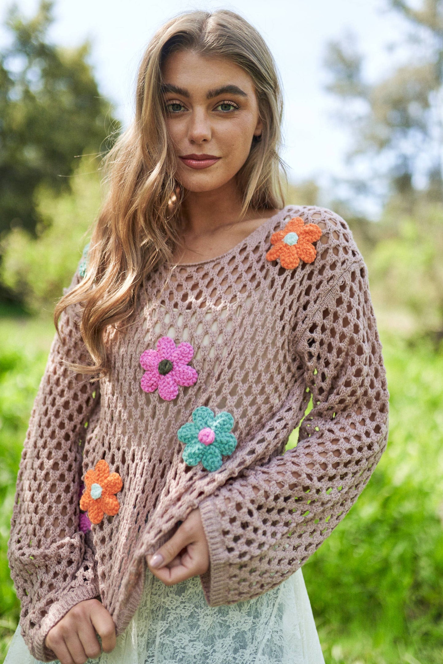 Flower Embroidered Knit Long Sleeve Sweater Top